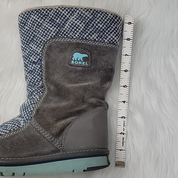 SOREL Blue White Knit Gray Suede Girl's Pull On Mid Calf Winter Boho Boots 2 - Picture 7 of 13